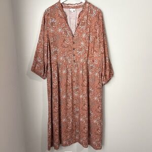 J.Jill Paisley Print Midi Dress Women's 3X Orange Button Up Ruffle Collar Boho